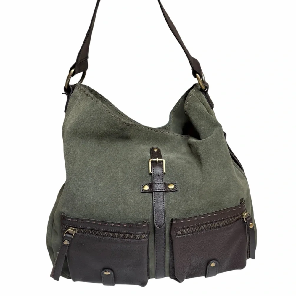 CARLA MANCINI Green Brown‎ Suede Leather Shoulder Hobo Bag NWT Slouchy
